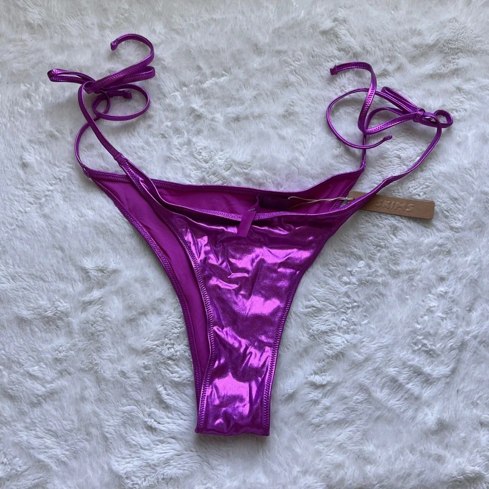SKIMS Metallic Swim Tie Bikini Bottom Dragon Fruit Purple BB-TNG-2804 Womens 2X